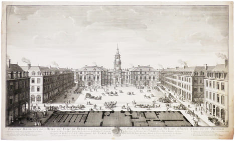  [RENNES] Élévation perspective de l'Hôtel de Ville de Rennes dans lesquels se tiendront les États de la province, de la Tour de l'Orloge public et du ...