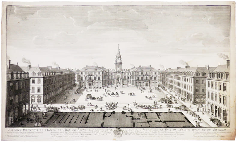  [RENNES] &Eacute;l&eacute;vation perspective de l'H&ocirc;tel de Ville de Rennes dans lesquels se tiendront les &Eacute;tats de la province, de la Tour de l'Orloge public et du ...