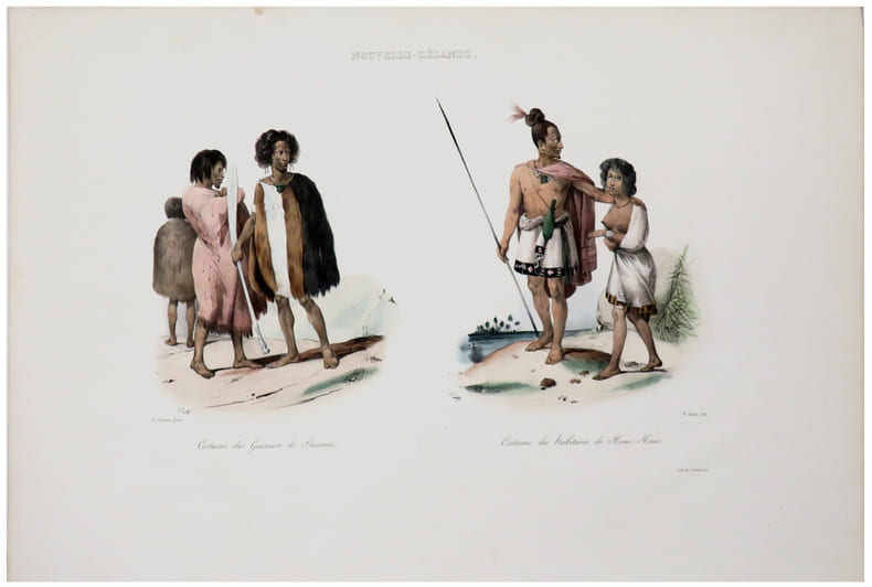  [NOUVELLE-Z&Eacute;LANDE] Nouvelle-Z&eacute;lande. Costume des guerriers de Shouraki - Costume des habitans de Houa-Houa.. DUMONT D'URVILLE ...