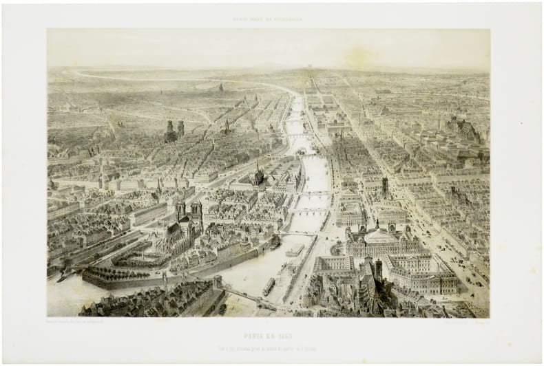  Paris en 1860. Vue &agrave; vol d'oiseau prise au dessus du quartier de S.t Gervais.. BENOIST (F&eacute;lix).