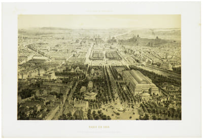 Paris en 1860. Vue à vol d'oiseau, prise au dessus du rond-point des Champs-Élysées.