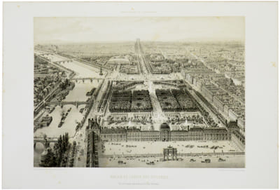 Palais et Jardin des Tuileries. Vue à vol d'oiseau, prise au dessus de la Place du Carrousel.