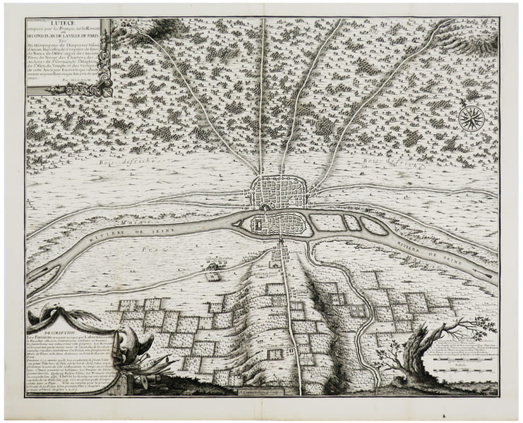 Lut&egrave;ce conquise par les Fran&ccedil;ois sur les Romains ou second plan de la ville de Paris. . FER (Nicolas de).