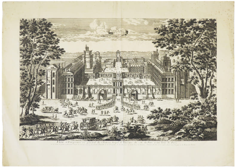  [VINCENNES] Ve&uuml;e et perspective en g&eacute;n&eacute;ral du ch&acirc;teau royal de Vincenes, du c&ocirc;t&eacute; du parc &agrave; une lie&uuml;e de Paris.. AVELINE (Antoine).