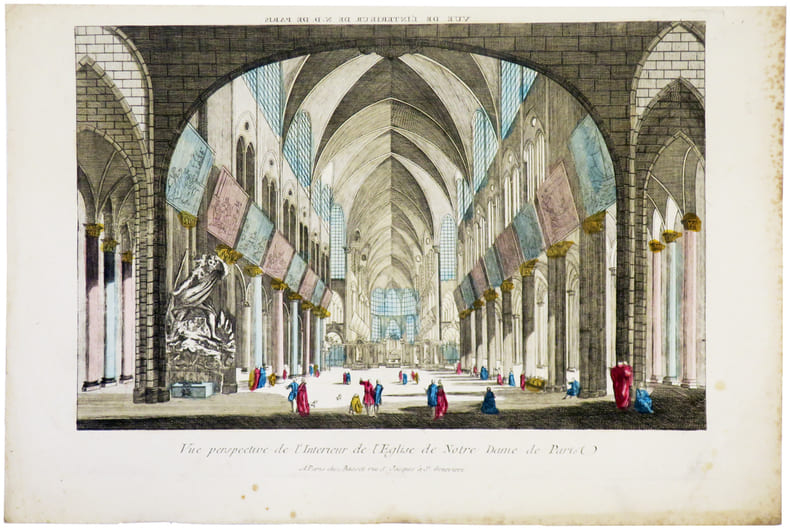  [NOTRE-DAME de PARIS] Vue perspective de l'int&eacute;rieur de l'&eacute;glise de Notre Dame de Paris.. BASSET (Andr&eacute;).