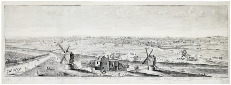  Veue de Paris du c&ocirc;t&eacute; de Belleville, dessin&eacute; de la maison entre les deux moulins, au dessus de la Courtille, en 1736.. MILCENT (Philippe-Nicolas).