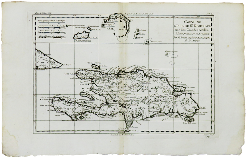  [SAINT-DOMINGUE] Carte de l'isle de S.t Domingue une des grandes Antilles, colonie françoise et espagnole.. BONNE (Rigobert).