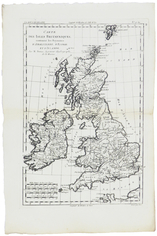  Carte des Isles Britanniques, contenant les royaumes d'Angleterre, d'Écosse et d'Irlande.. BONNE (Rigobert).
