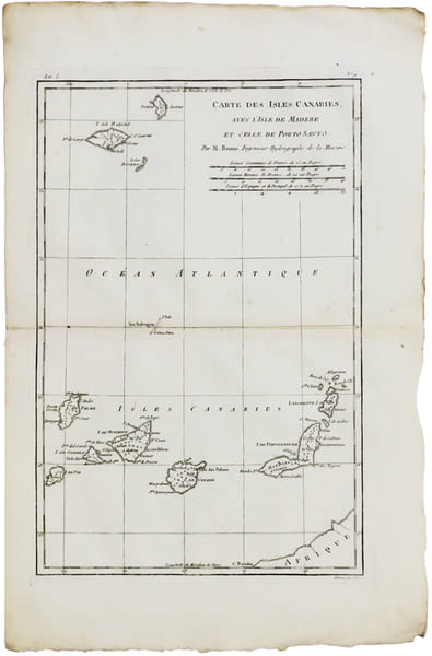  [CANARIES & MAD&Egrave;RE] Carte des isles Canaries, avec l'isle de Mad&egrave;re et celle de Porto Santo.. BONNE (Rigobert).