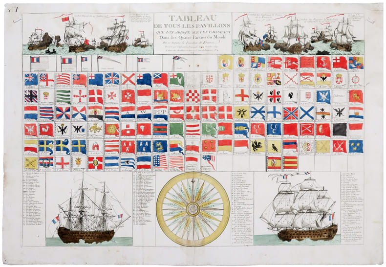  [PAVILLONS] Tableau de tous les pavillons que lon arbore sur les vaisseaux dans les quatre parties du Monde, o&ugrave; se trouve le pavillon de France ...