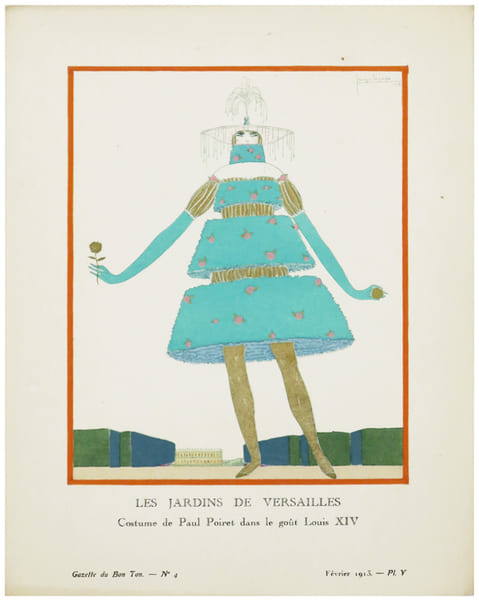  Les Jardins de Versailles. Costume de Paul Poiret dans le go&ucirc;t Louis XIV.. LEPAPE (Georges) & GAZETTE du BON TON.