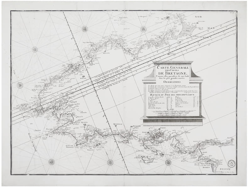 [BRETAGNE] Carte g&eacute;n&eacute;rale des costes de Bretagne, comme elles paroissent de mer basse dans les plus grandes mar&eacute;es.. NEPTUNE FRAN&Ccedil;OIS.