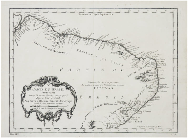 [BR&Eacute;SIL] Carte du Br&eacute;sil, prem. partie. Depuis la rivi&egrave;re des Amazones jusqu'&agrave; la Baye de Tous les Saints.. BELLIN (Jacques-Nicolas).