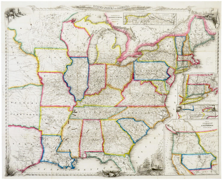  A new map for travelers through the United States of America showing the railroads, canals & stage roads, with the distances.. SMITH (John Calvin).