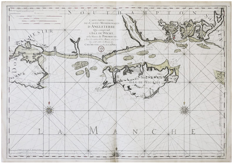  [&Icirc;LE DE WIGHT] Carte particuli&egrave;re des costes m&eacute;ridionales d'Angleterre qui comprend l'isle de Wicht, et le havre de Portsmouth, avec les autres ...