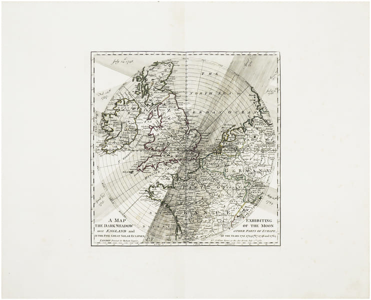  A Map exhibiting the dark shadow of the Moon over England and other parts of Europe, in the five great solar eclipses, of the years 1715, 1724, 1737, ...