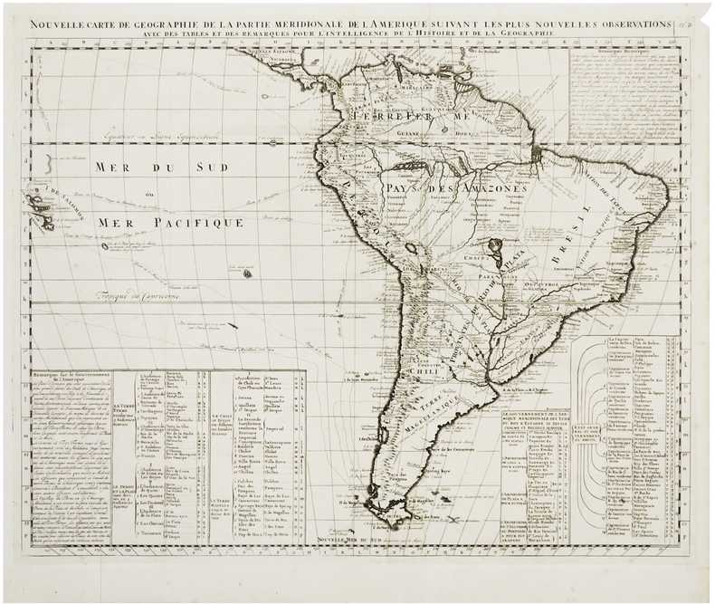  Nouvelle carte de géographie de la partie méridionale de l'Amérique suivant les plus nouvelles observations avec des tables et des remarques pour ...