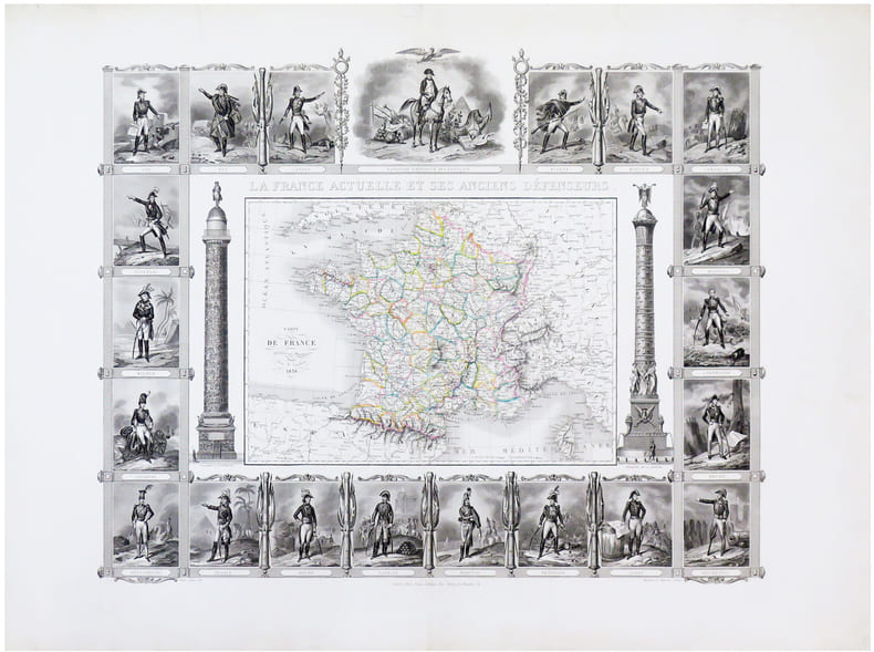  Carte de France physique et administrative. La France actuelle et ses anciens d&eacute;fenseurs.. TARDIEU (Pierre Antoine).