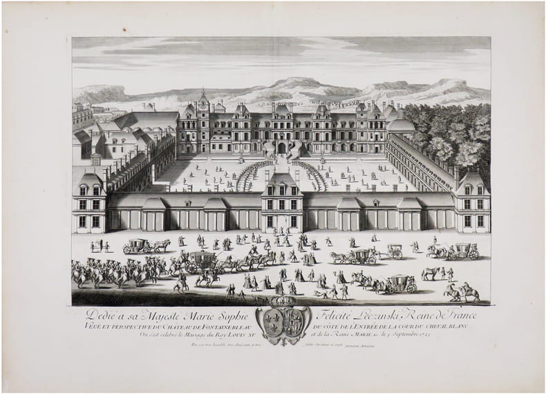  [FONTAINEBLEAU] Veu&euml; et perspective du ch&acirc;teau de Fontainebleau du c&ocirc;t&eacute; de l'entr&eacute;e de la Cour du Cheval Blanc.. AVELINE (Antoine).