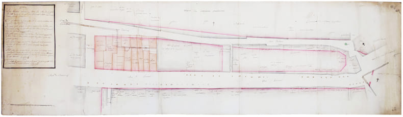  Plan des tereins incendiez dans la ville de Foug&egrave;res, la nuit du 29 au 30 aoust 1762, et du reste de l'islot entre les rues Deri&egrave;re et de St ...