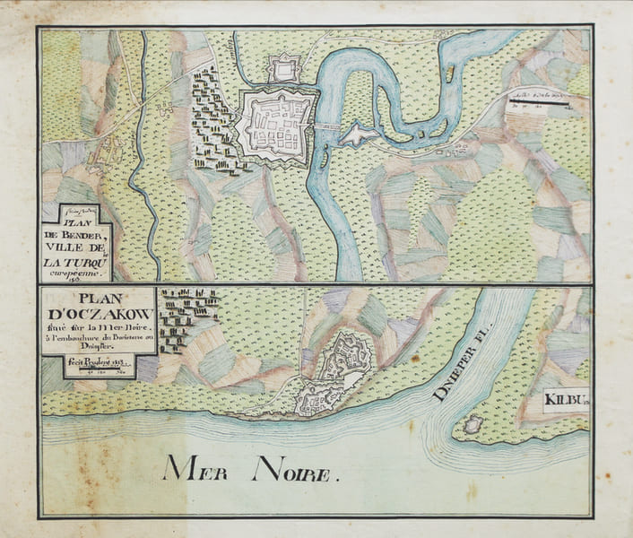  Plan de Bender, ville de la Turquie europ&eacute;enne [et] Plan d'Oczakow situ&eacute;e sur la mer Noire, &agrave; l'embouchure du Boristene ou Dnieper.. PRUDENT.
