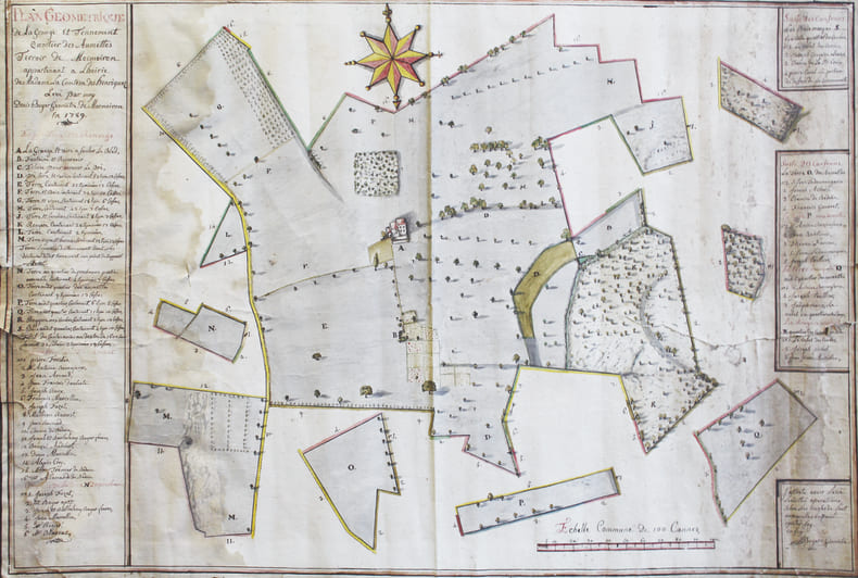 Plan g&eacute;om&eacute;trique de la grange et tennement, quartier des Aumettes, terroir de Mormoiron, appartenant &agrave; l'hoirie de Madame la Comtesse des Henriquez. ...