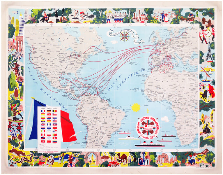  Carte des lignes. Compagnie G&eacute;n&eacute;rale Transatlantique. French line.. BLONDEL LA ROUGERY (Max).