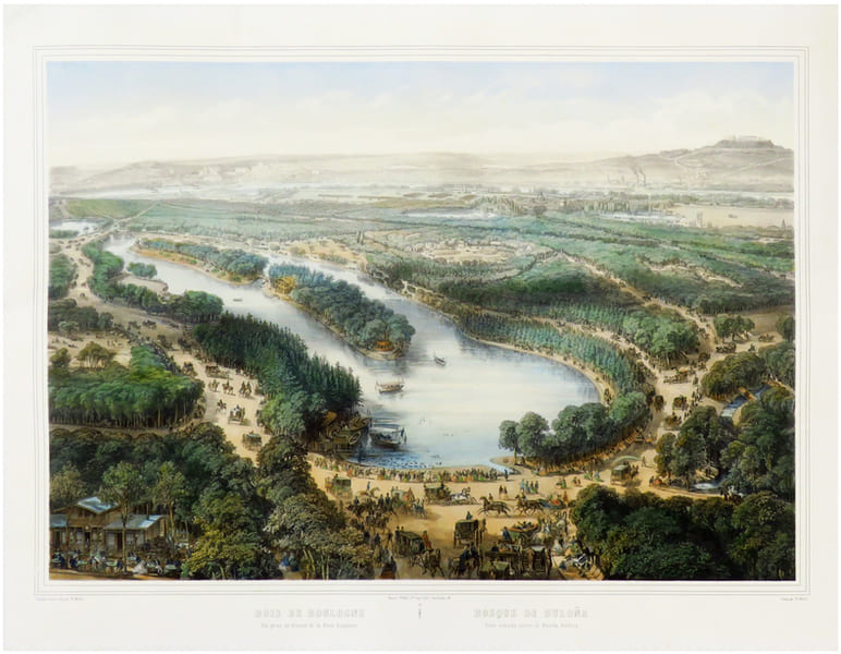 [BOIS de BOULOGNE] Bois de Boulogne. Vue prise au dessus de la Porte Dauphine - Bosque de Bulo&ntilde;a. Vista tomada sobre la Puerta Delfina.. M&Uuml;LLER ...