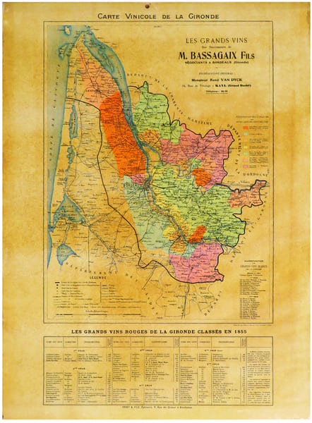  Carte vinicole de la Gironde. Les grands vins des successeurs de M. Bassagaix Fils, n&eacute;gociants &agrave; Bordeaux (Gironde).. F&Eacute;RET & FILS.