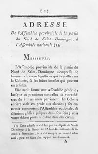 Adresse de l'Assemblée Provinciale de la partie du nord de Saint-Domingue à l'Assemblée Nationale.