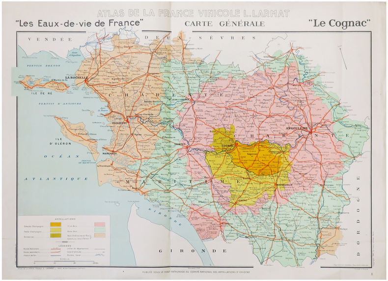  Atlas de la France vinicole L. Larmat. "les Eaux-de-vie de France". Carte générale. "Le Cognac".. LARMAT (Louis).