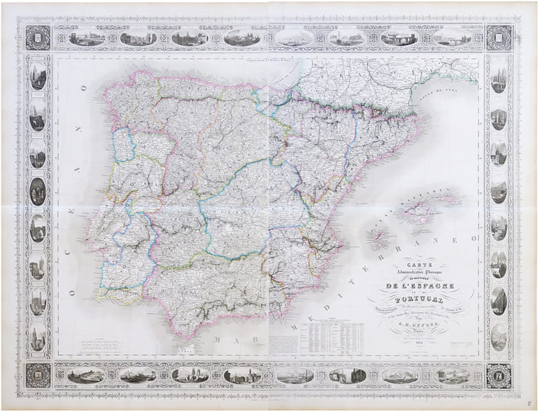  Carte administrative, physique et routi&egrave;re de l'Espagne et du Portugal, indiquant les canaux, les rivi&egrave;res navigables, les chemins de fer, et les ...