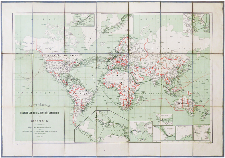  [TÉLÉGRAPHE] Carte générale des grandes communications télégraphiques du Monde.. BUREAU INTERNATIONAL des ADMINISTRATIONS TÉLÉGRAPHIQUES.