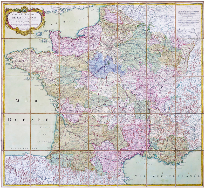  Carte itinéraire de la France divisée par gouvernements militaires et en ses provinces, contenant les routes royales et particulières.. BOURGOIN ...