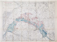  [INONDATIONS de 1910] Commission des Inondations. Plan de Paris indiquant les zones inondées par la crue de 1910 et rappelant les zones d'inondation superficielle de 1658.