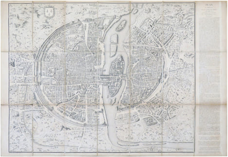 Ville, Cité, et Université de Paris. Plan en perspective, de la ville de Paris telle qu'elle étoit sous le règne de Charles IX.. DHEULLAND ...
