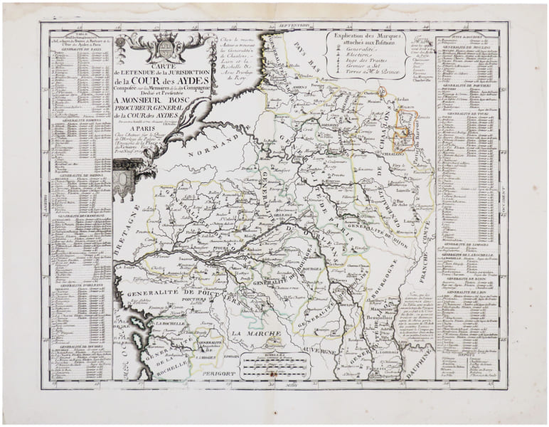  Carte de l'&eacute;tend&uuml;e de la jurisdiction de la Cour des Aydes compos&eacute;e sur les m&eacute;moires de ladite compagnie.. NOLIN (Jean-Baptiste).