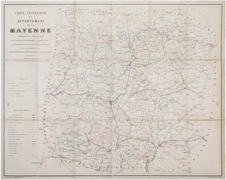  [MAYENNE] Carte itinéraire du département de la Mayenne.. MARCHAL (Louis).