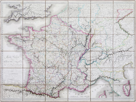 Carte routière du Royaume de France et des pays limitrophes, divisée en 86 départemens, et sous-divisée en arrondissemens, avec les établissemens ...