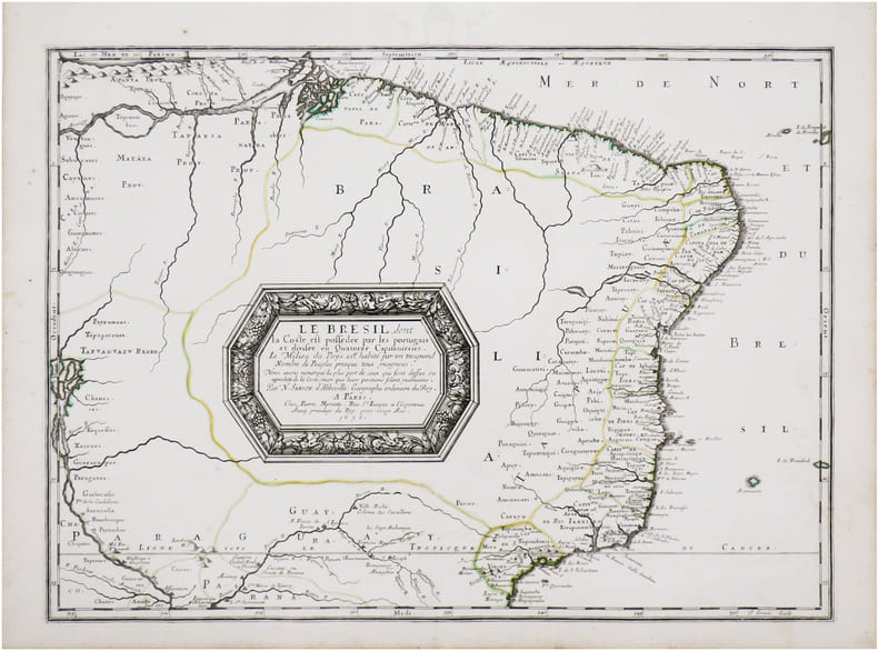  [BR&Eacute;SIL] Le Br&eacute;sil, dont la coste est poss&eacute;d&eacute;e par les portugais et divis&eacute;e en quatorze capitanieries. Le milieu du pays est habit&eacute; par un tr&egrave;s grand ...
