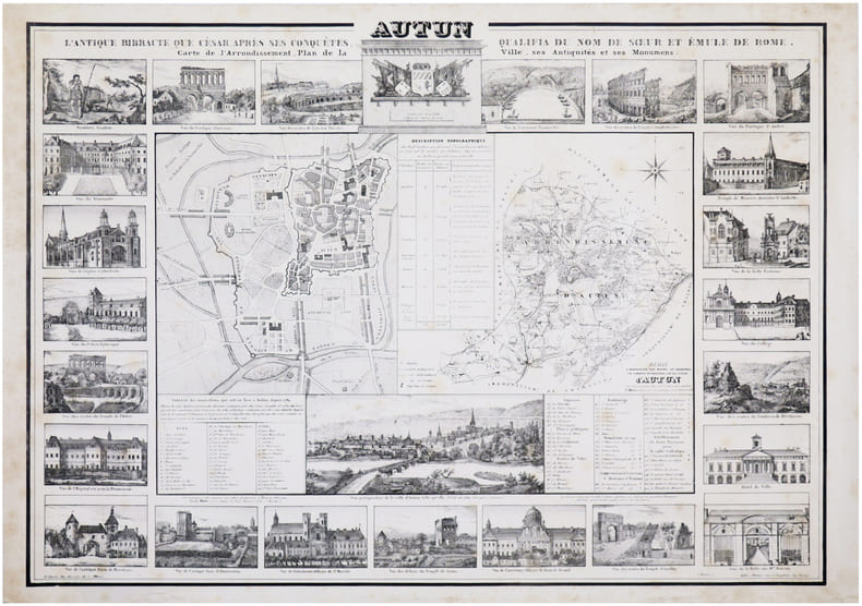  [AUTUN] Autun. L'antique Bibracte que C&eacute;sar, apr&egrave;s ses conqu&ecirc;tes, qualifia du nom de sœur et &eacute;mule de Rome. Carte de l'arrondissement, plan de la ...