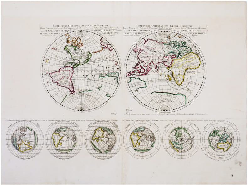  H&eacute;misph&egrave;re occidental du globe terrestre veu en concave [et] H&eacute;misph&egrave;re oriental du globe terrestre veu en concave.. MOULLART-SANSON (Pierre).