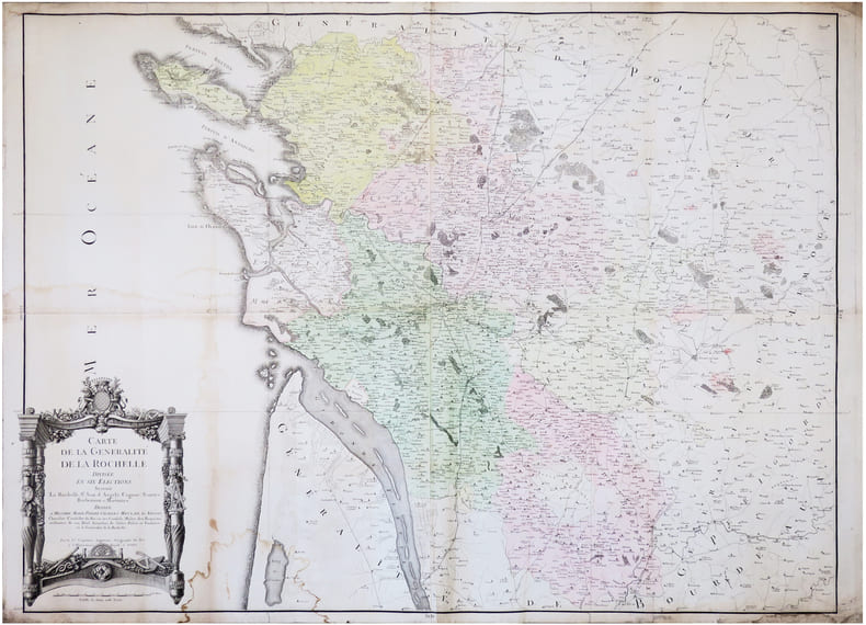  Carte de la G&eacute;n&eacute;ralit&eacute; de La Rochelle, divis&eacute;e en six &eacute;lections, s&ccedil;avoir La Rochelle, S.t Jean d'Angely, Cognac, Saintes, Barbezieux et Marennes.. ...