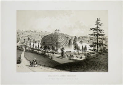 Paris et ses ruines. Square des Buttes Chaumont. Vue du lac, des grottes et du grand rocher avec le Temple de Sibylle.