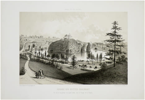 Paris et ses ruines. Square des Buttes Chaumont. Vue du lac, des grottes et du grand rocher avec le Temple de Sibylle.. BENOIST (Félix).
