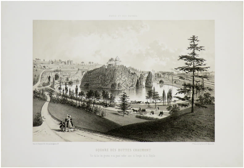  Paris et ses ruines. Square des Buttes Chaumont. Vue du lac, des grottes et du grand rocher avec le Temple de Sibylle.. BENOIST (F&eacute;lix).