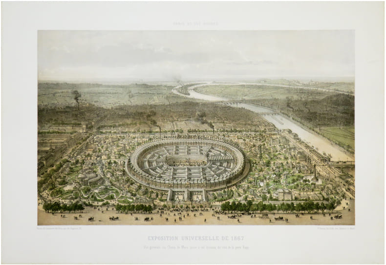  [EXPOSITION UNIVERSELLE] Paris et ses ruines. Exposition universelle de 1867. Vue g&eacute;n&eacute;rale du Champ de Mars, prise &agrave; vol d'oiseau du c&ocirc;t&eacute; de la porte ...