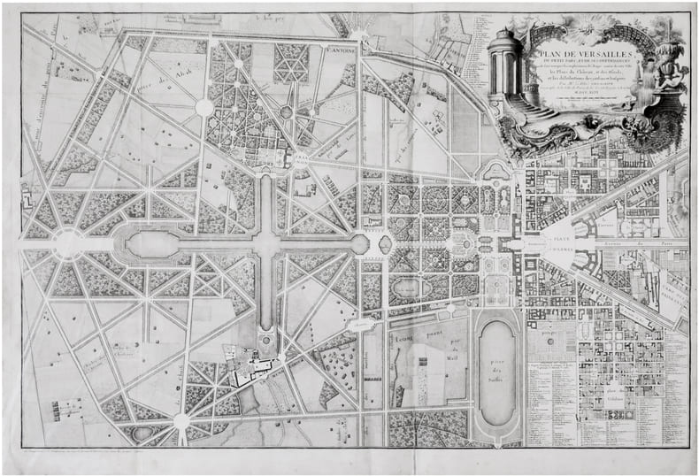  [VERSAILLES] Plan de Versailles, du Petit Parc, et de ses d&eacute;pendances o&ugrave; sont marqu&eacute;s les emplacemens de chaque maison de cette ville, les plans du ...