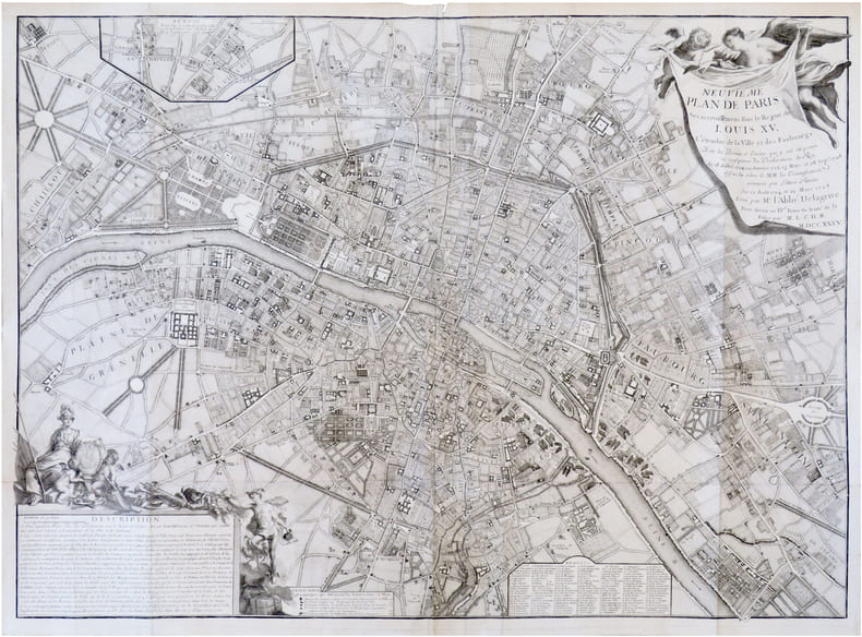  Neuvi&egrave;me plan de Paris. Ses accroissemens sous le r&egrave;gne de Louis XV. L'&Eacute;tend&uuml;e de la ville et des faubourgs avec les bornes et limites qui y ont &eacute;t&eacute; ...