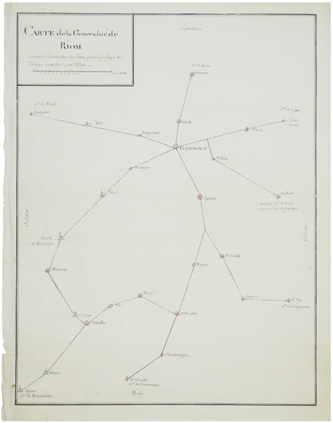  [PUY-de-D&Ocirc;ME] Carte de la g&eacute;n&eacute;ralit&eacute; de Riom servant &agrave; l'indication des lieux pour le passage des troupes marchant par &eacute;tape.. [ANONYME].